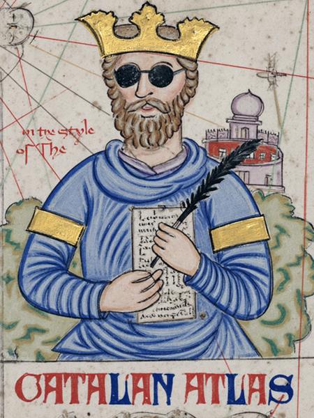 C4t41an style, a man with short brown hair and a beard wearing a gold crown and sunglasses and a blue and gold suit, he is holding a quill and a paper, castle in the background, red text at the top re2160395665_img3_F2.png